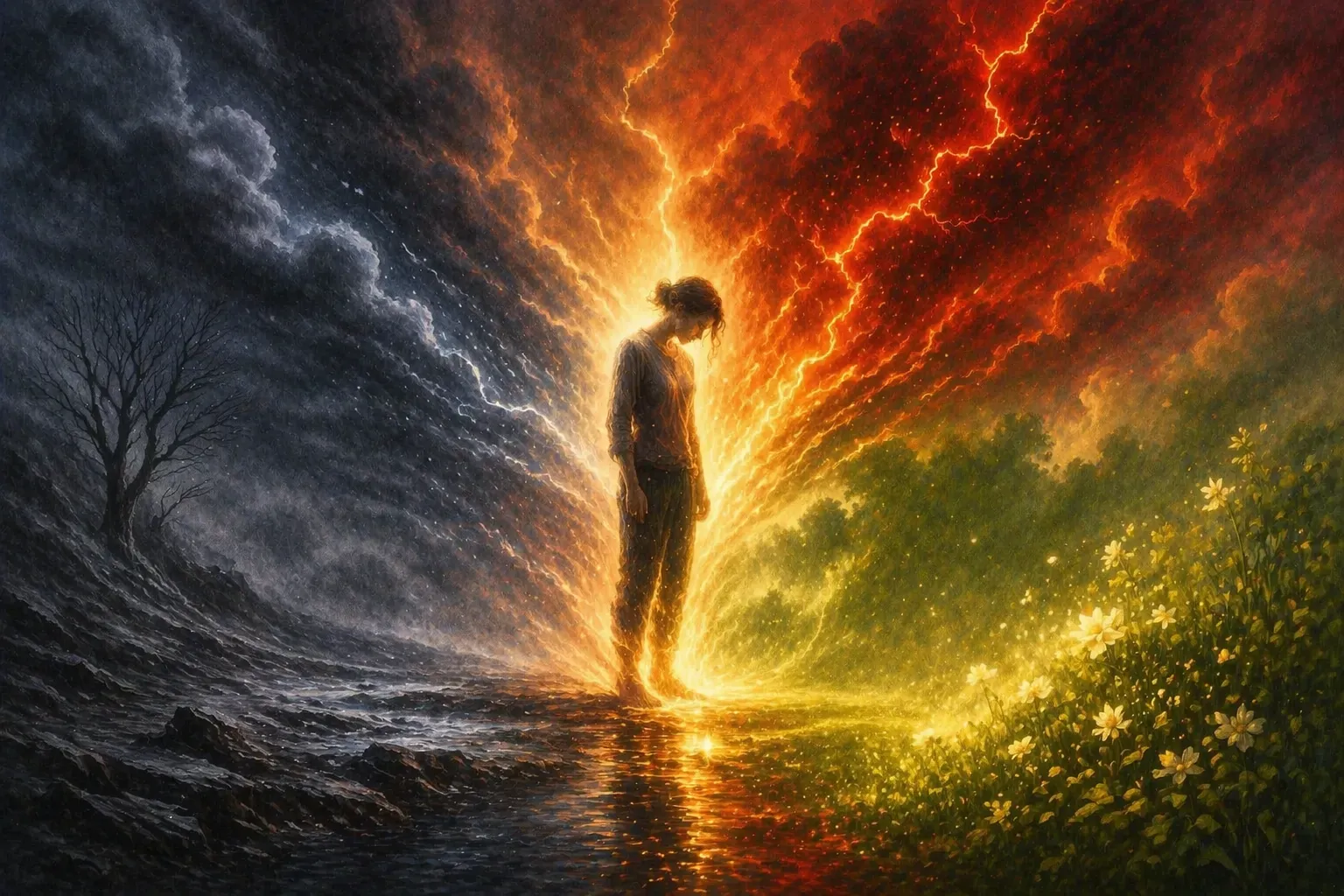 Abstract illustration of a nervous system moving between states of shutdown, activation, and connection during grief