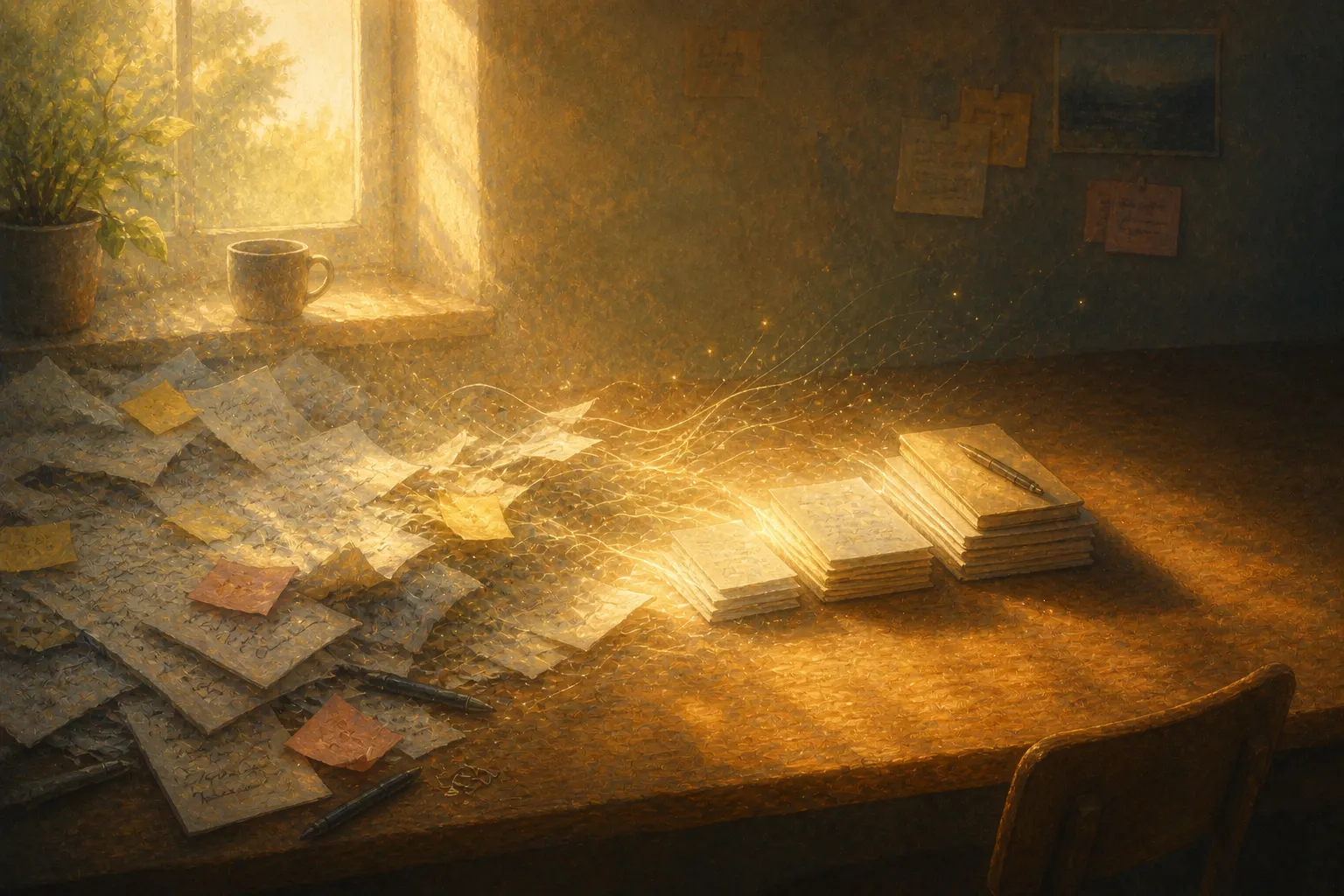 A desk with scattered journal pages and warm golden light streaming through a window