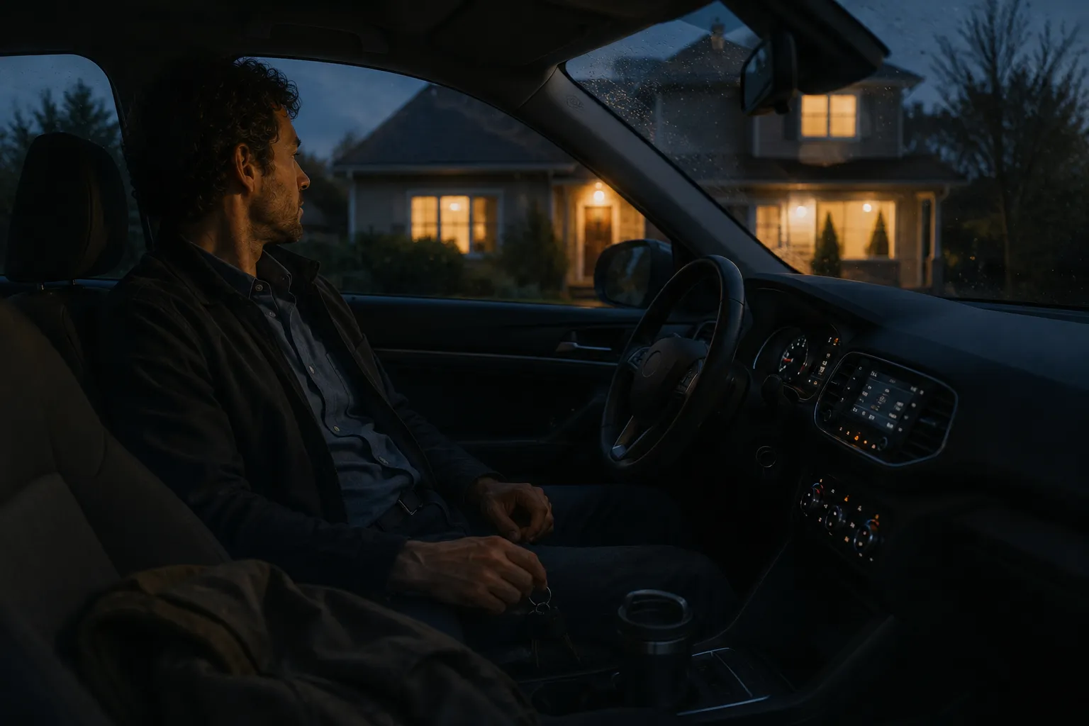 A man sitting in a parked car outside his own house at dusk, engine off, keys still in his hand, not yet opening the door.