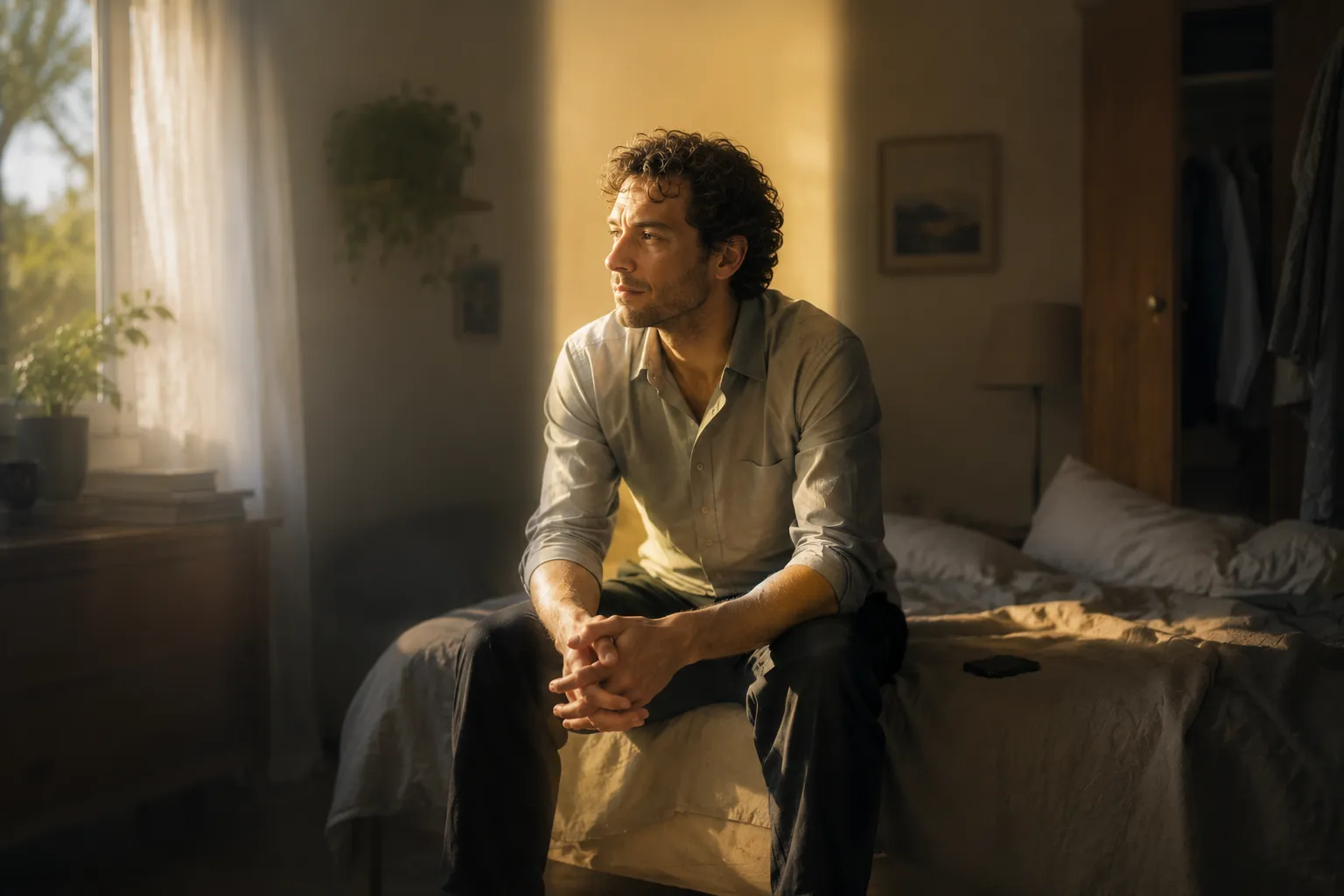 A man in work clothes sits on the edge of an unmade bed in late afternoon light, forearms on his thighs and hands loosely clasped, looking away toward the window with his phone face down on the covers beside him, while a band of warm light holds him in focus and the room softens into haze at either edge.