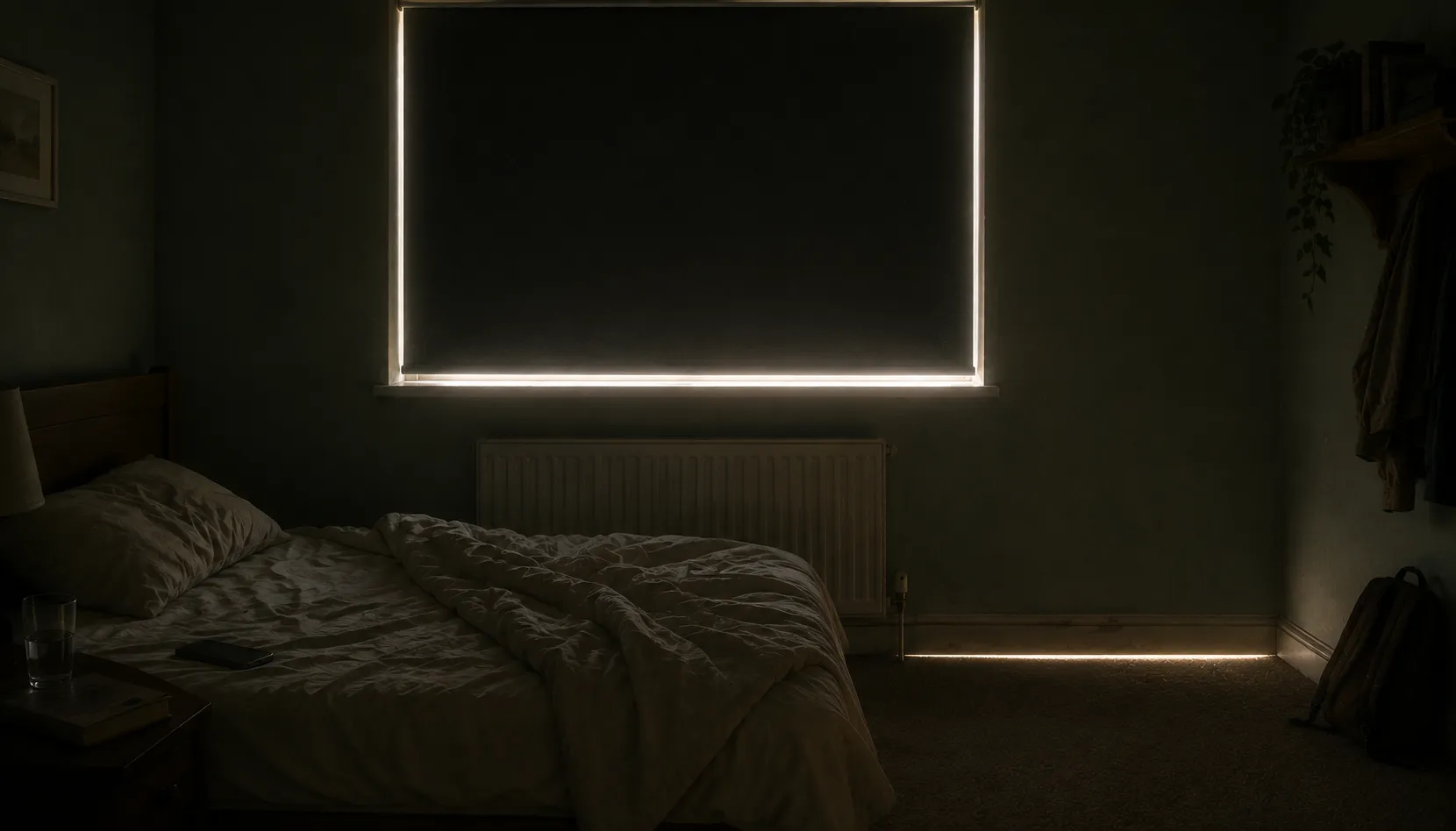 A bedroom in full afternoon daylight with blackout curtains drawn and a bright line of light escaping around every edge