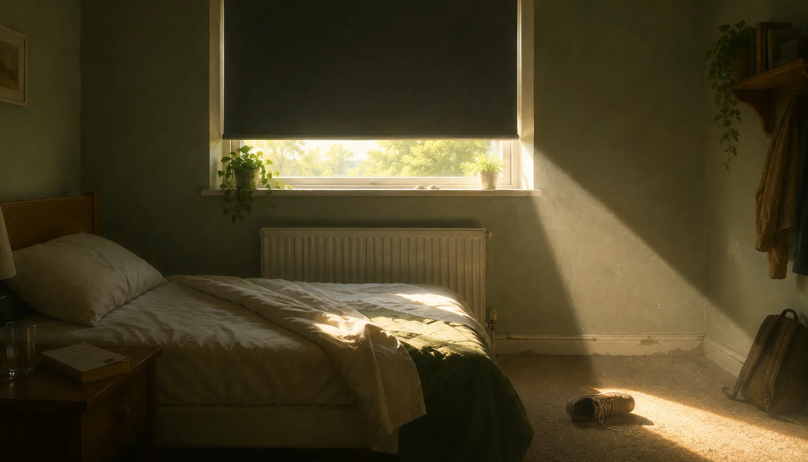 A bedroom blackout blind caught three quarters pulled down, with a narrowing band of hard morning light still coming through the gap above a turned back, unslept-in bed
