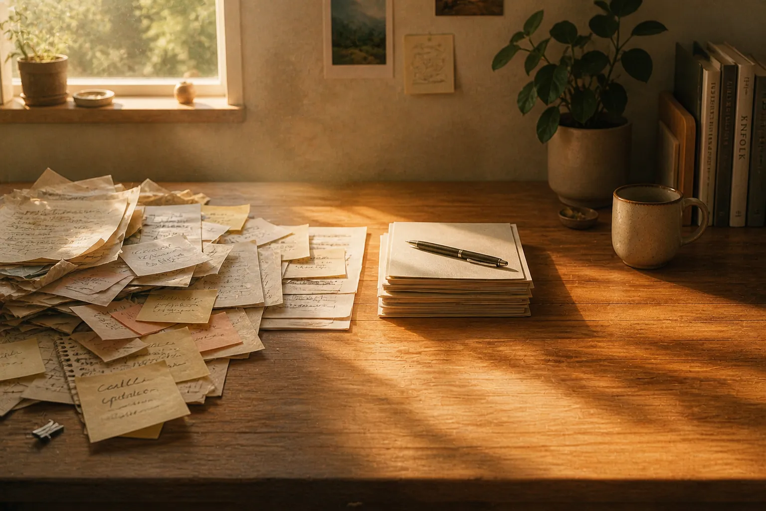 A cluttered desk with papers gradually organizing into a neat stack, soft morning light in the background