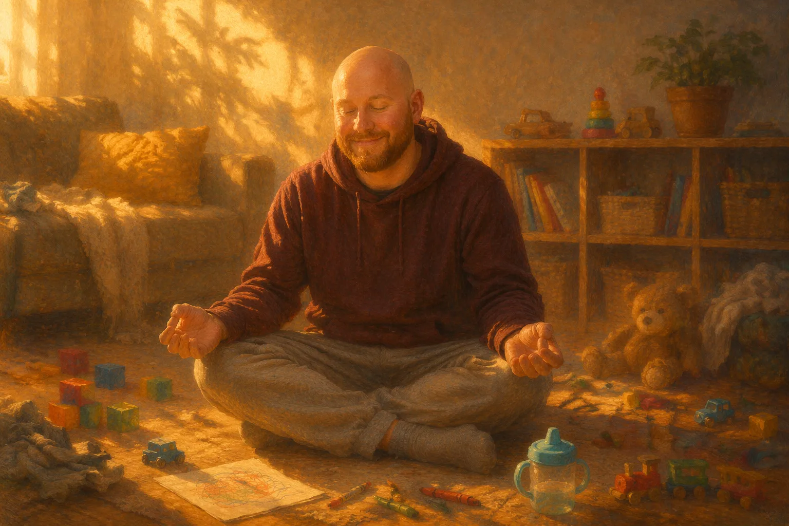 A parent sitting in meditation while toys and children's shoes are scattered nearby