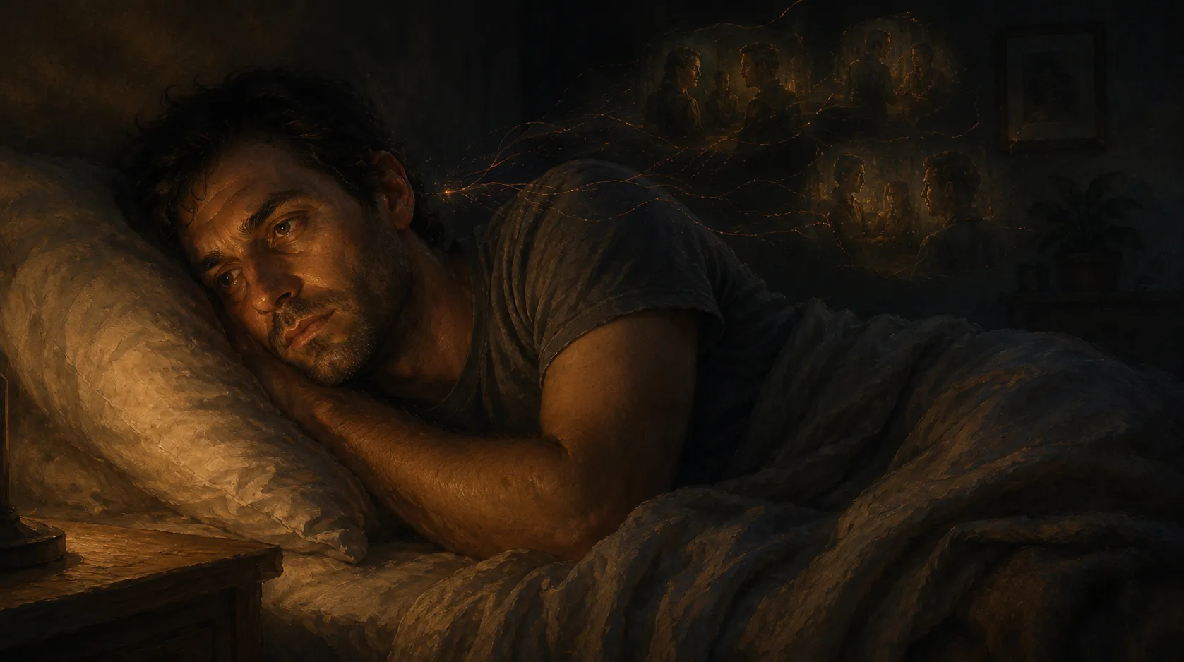 A man lying awake in bed at night, side-lit by a warm bedside lamp, with faint amber threads of memory rising from his temple and resolving into ghostly fragments of a replayed conversation