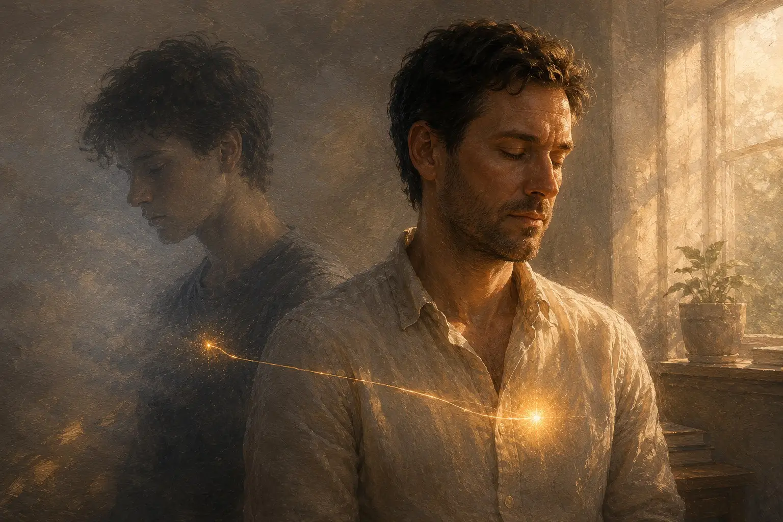 Painterly portrait of a man with closed eyes in warm window light, a faint translucent younger version of himself behind him, the two linked by a thin thread of warm light meeting at his chest