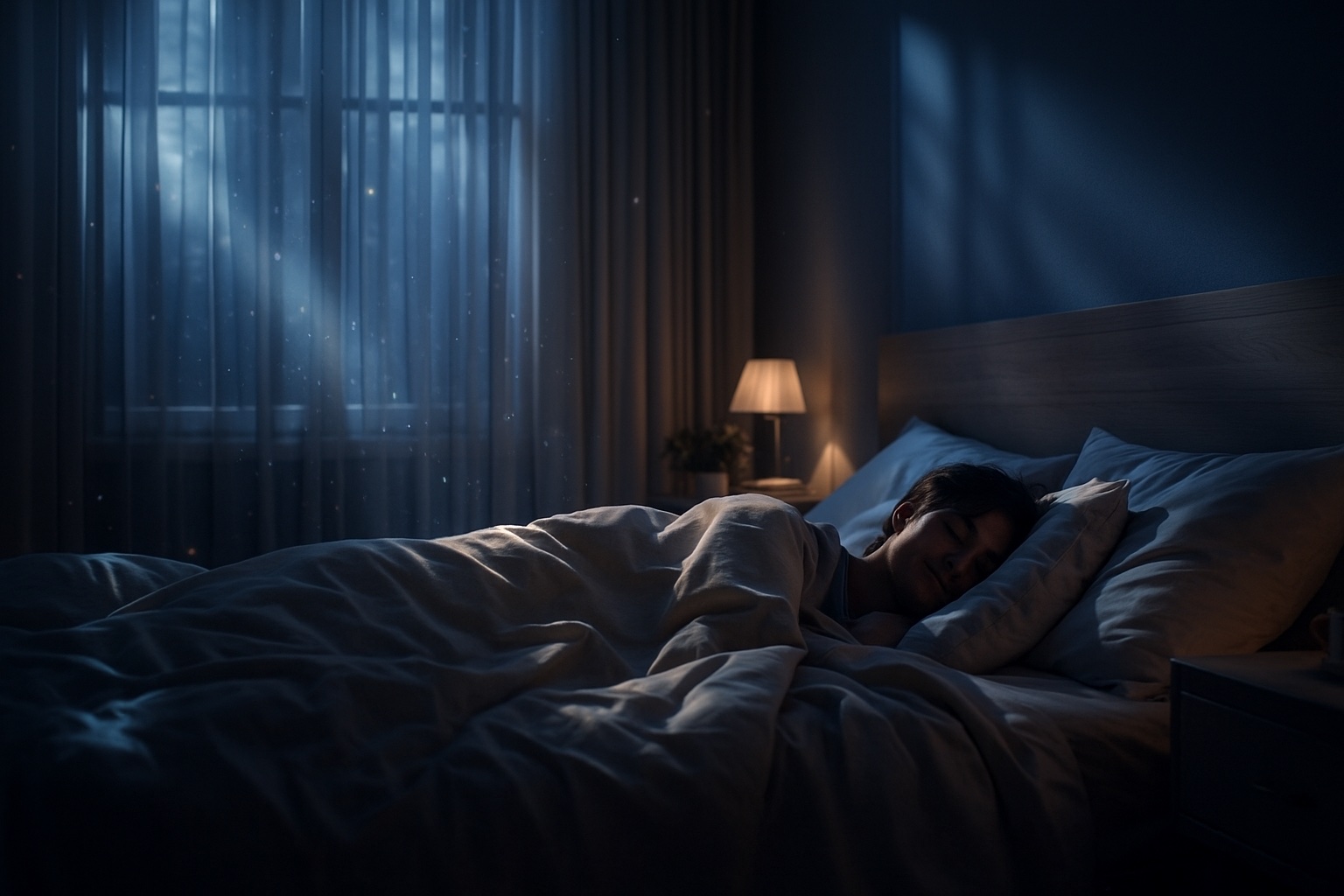 Peaceful bedroom scene at night with soft moonlight, representing restful sleep achieved through meditation practice