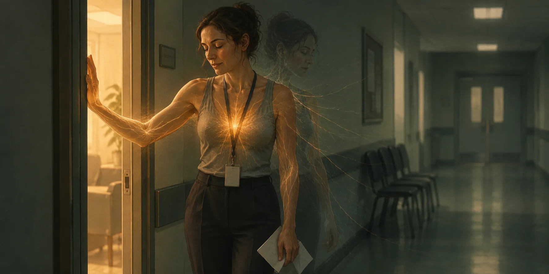 A performer standing at a doorway with her eyes closed, the charge in her body drawn as fine light that gathers into her raised hand on one side of her and frays outward on the other