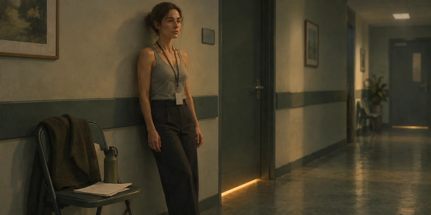 A performer alone in a corridor outside an audition room, hands loose at her sides, deliberately looking at nothing rather than running the piece one more time