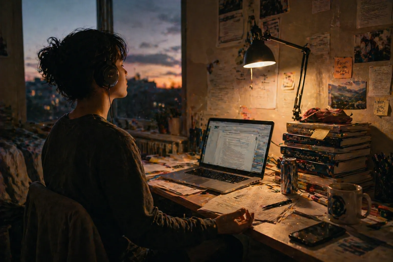 A student meditating at a cluttered dorm desk with textbooks, an open laptop, and a half-empty energy drink, eyes closed, headphones on