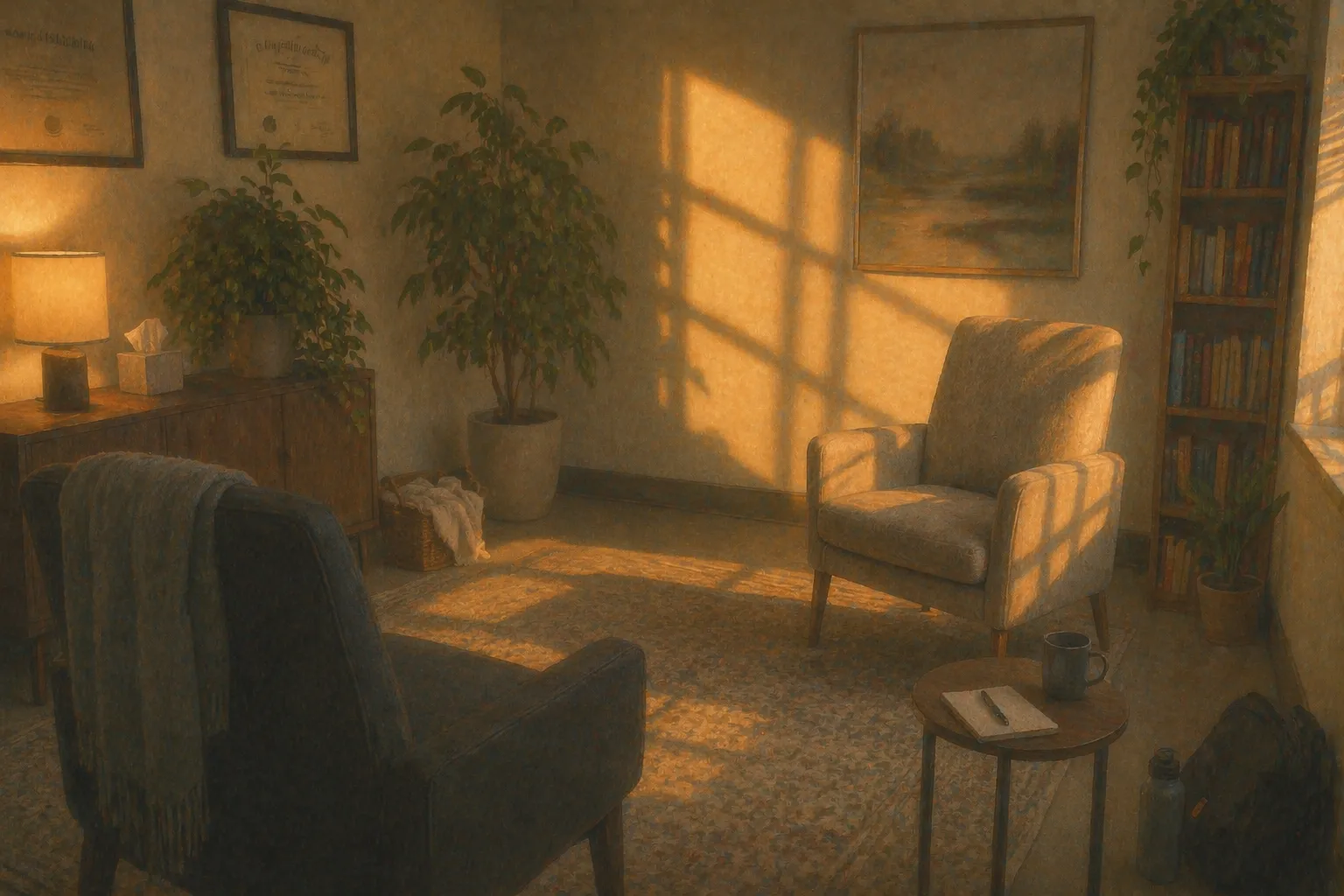 A therapist sitting alone in a quiet office after the last client has left, eyes closed