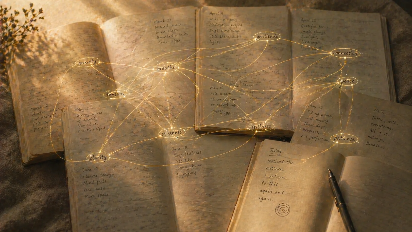 Journal pages layered over time revealing patterns and connections between meditation sessions