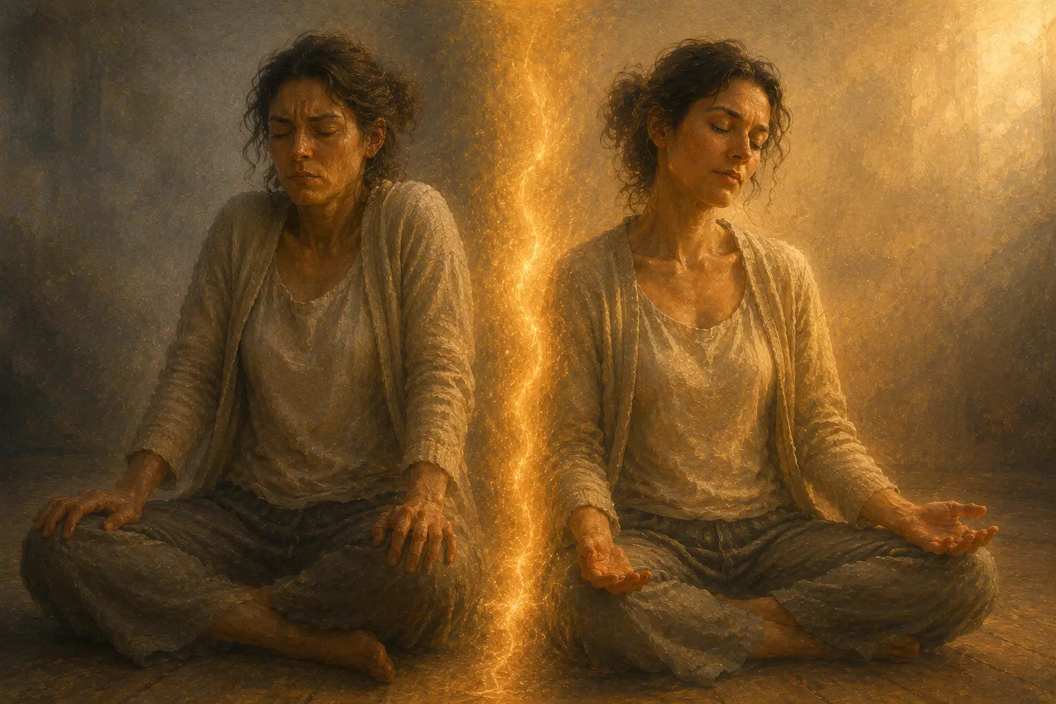 A painterly portrait of one person rendered twice at a soft vertical seam, on the left an upright tense sitting figure with eyes closed tightly and shoulders hunched, on the right the same person with shoulders dropped, head tilted softly, hands resting open, with a gentle band of warm amber light glowing through the seam between the two postures.