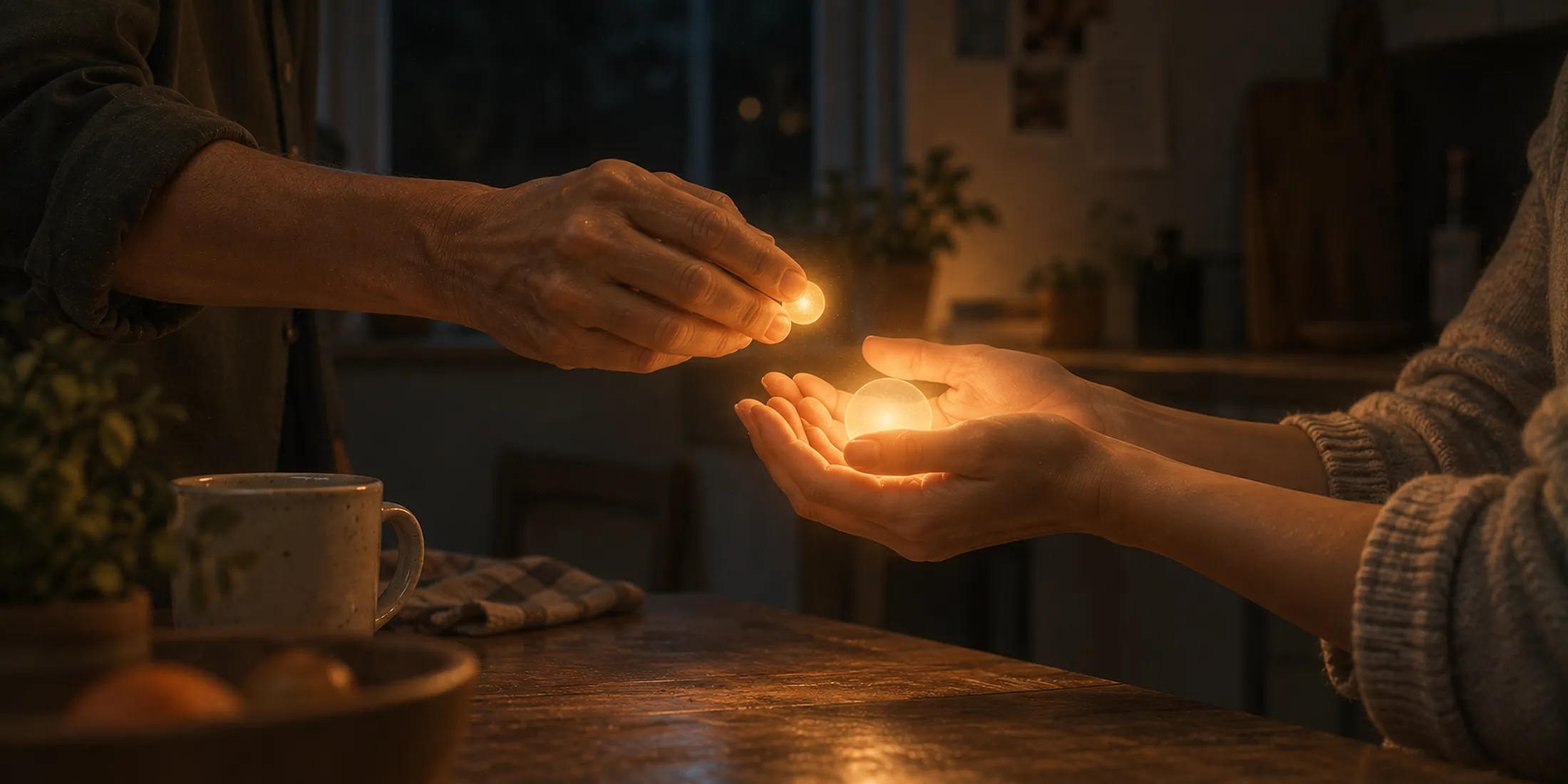 One pair of hands passing a small point of light to another pair, where it arrives noticeably larger than it left