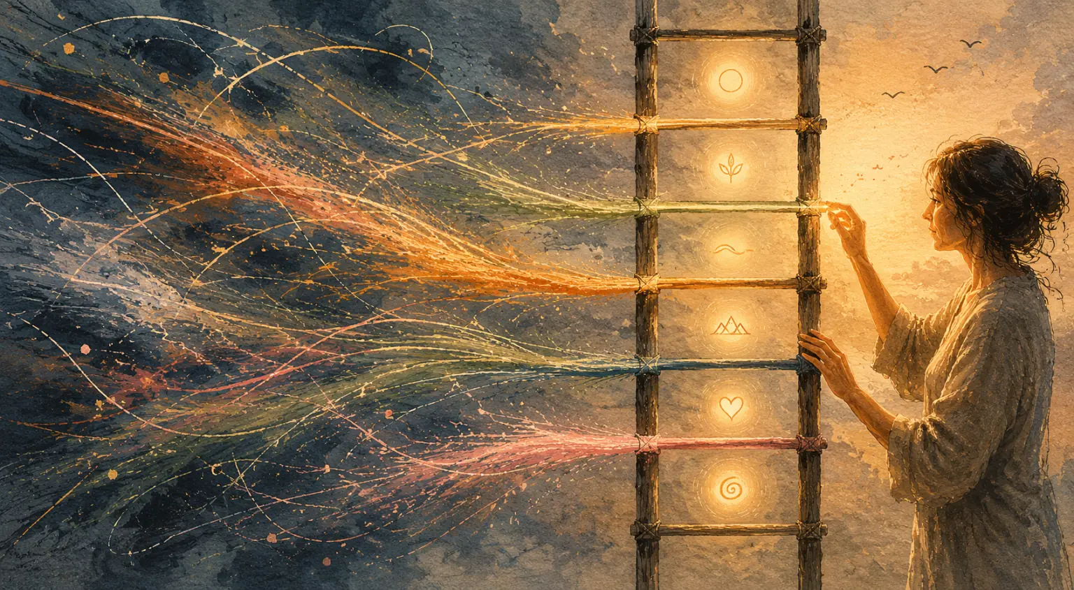 Scattered, racing thoughts flow in from the left and settle into the evenly spaced rungs of a ladder, a glowing reorientation cue resting in each silent gap