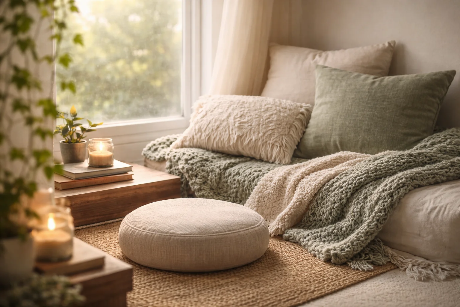 Cozy meditation sanctuary with soft cushions and warm light, representing a safe space for anxiety relief