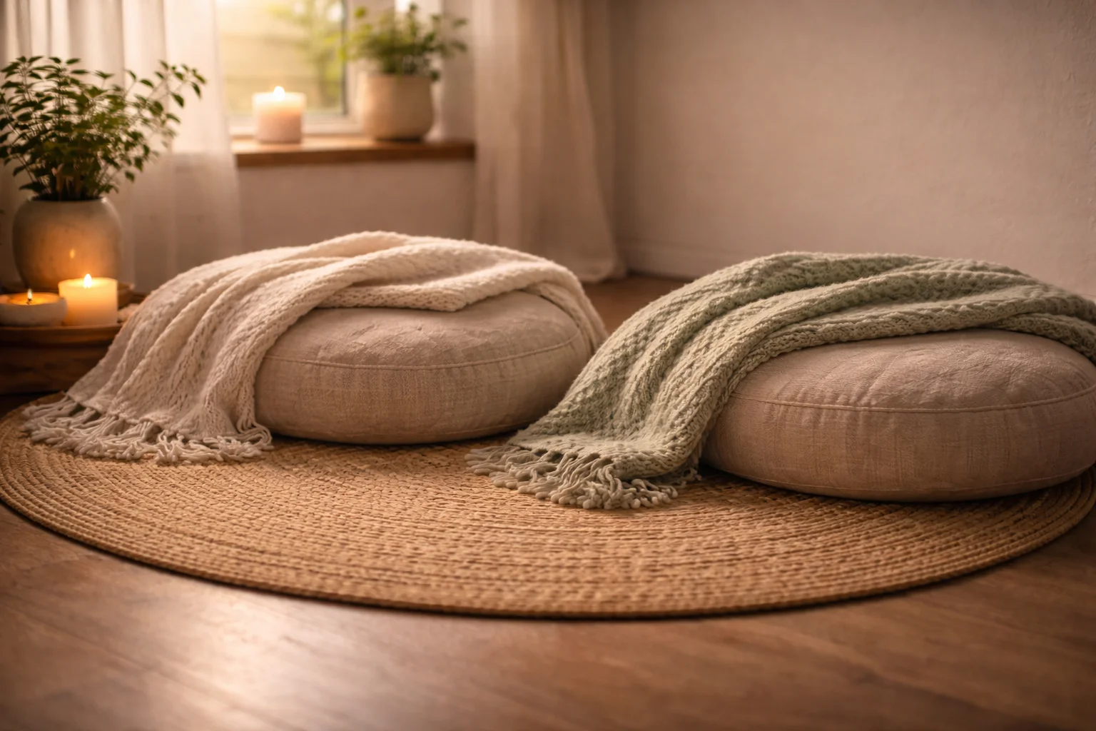 Cozy meditation corner with overlapping blankets, soft candlelight, and cushions creating an intimate shared space for couples practice