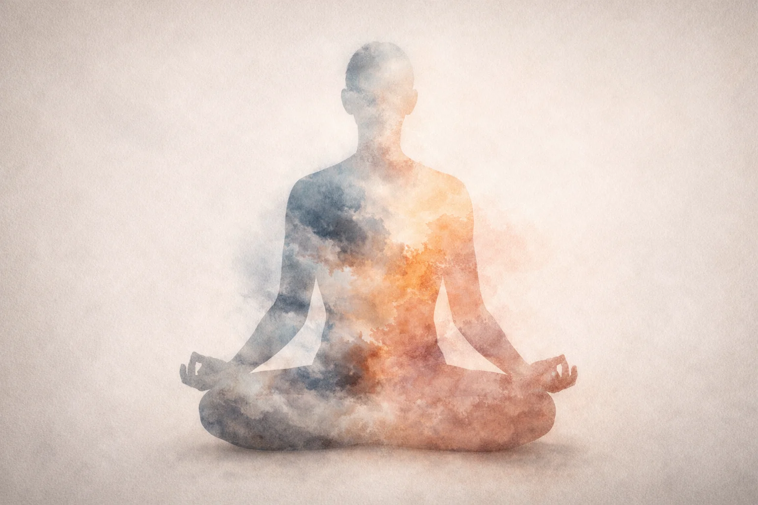 Meditation silhouette filled with flowing watercolor gradients representing the internal weather of emotions - blues, ambers, and soft grays shifting within