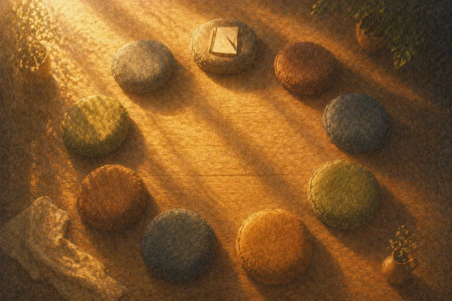 A circle of diverse people sitting together with eyes closed, connected by a warm shared light, representing guided group meditation