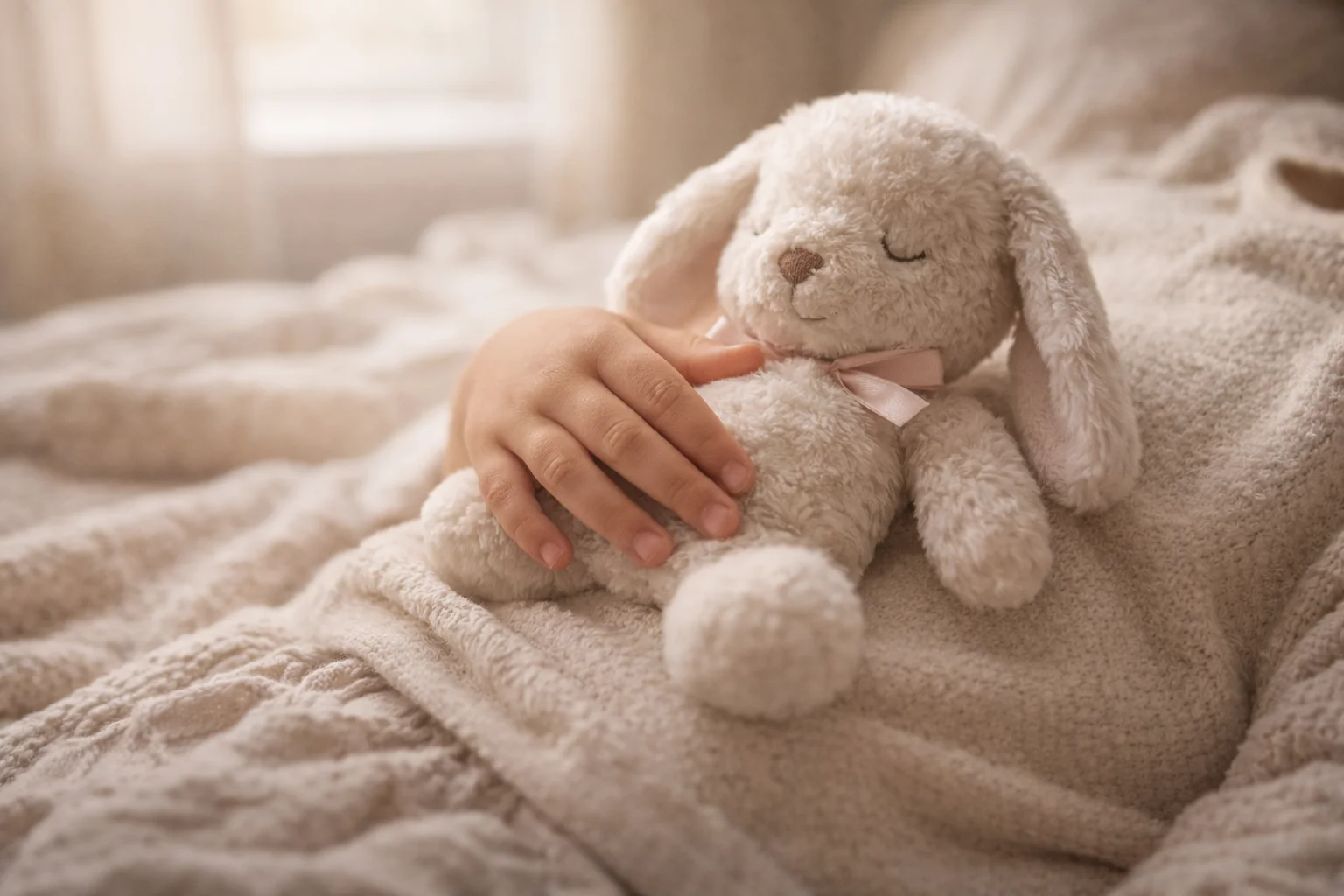 Child's hand resting on belly with soft plush breathing buddy toy, demonstrating gentle breath awareness technique for kids meditation