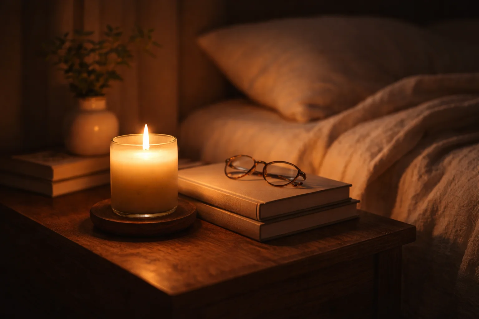 Candlelit nightstand with journal and warm glow, representing a peaceful bedtime meditation ritual