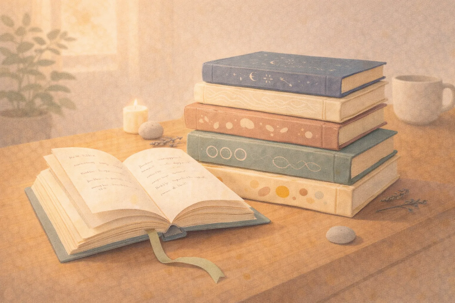 Elegant stack of meditation script journals with distinct covers for sleep, anxiety, and mindfulness, open book with ribbon bookmark, warm morning light