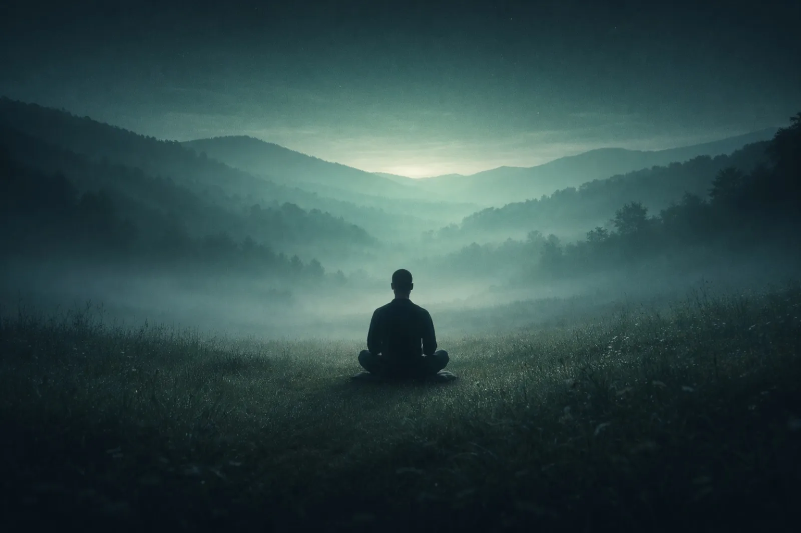 Silhouette of person meditating on hillside at dawn overlooking misty mountain valley, representing inner peace and different meditation techniques
