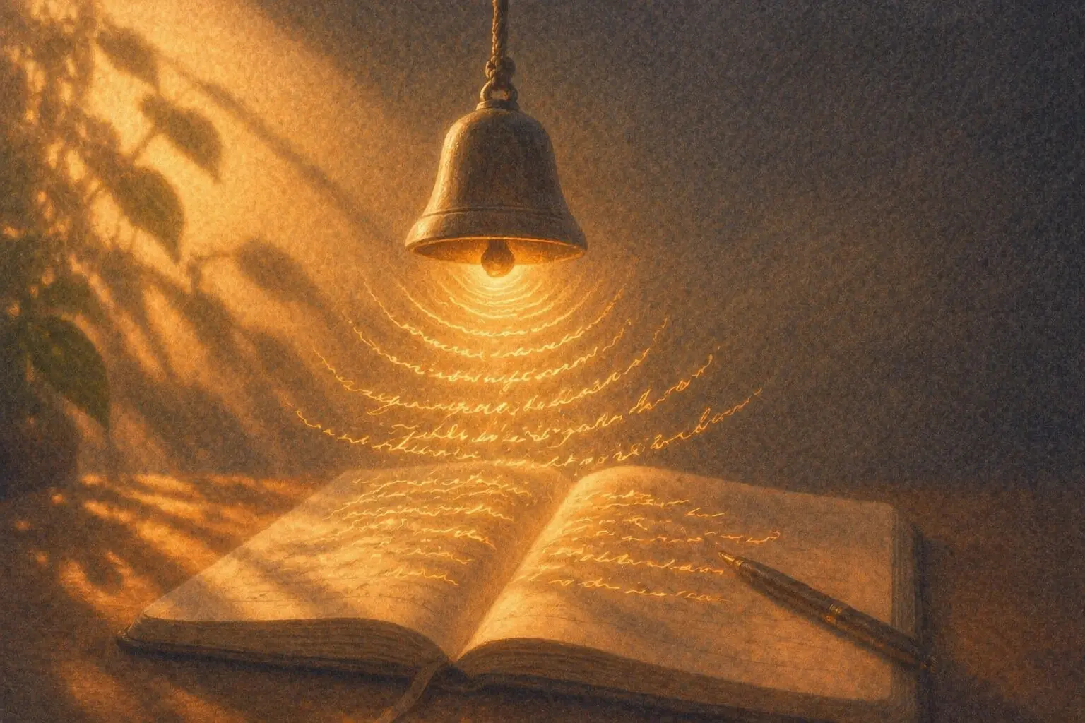 Illustration of a meditation session flowing seamlessly into journal entry — bell transitions into journal page with voice-noted text already captured