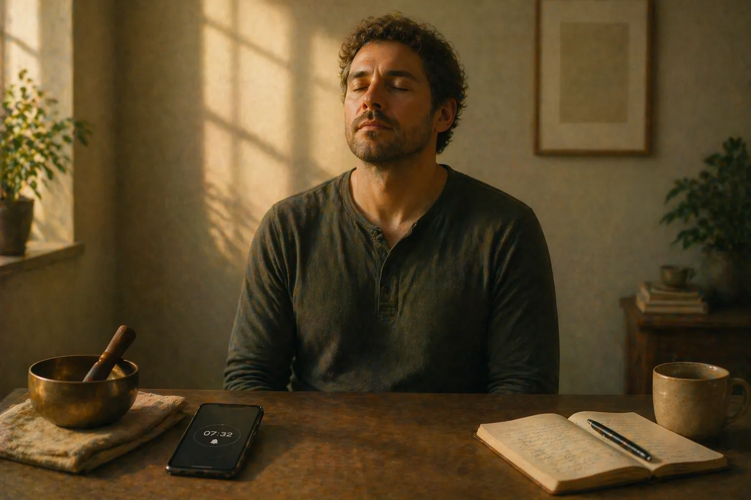 Person meditating at a wooden desk with a singing bowl, phone timer, journal, and tea, combining self-guided and guided meditation tools