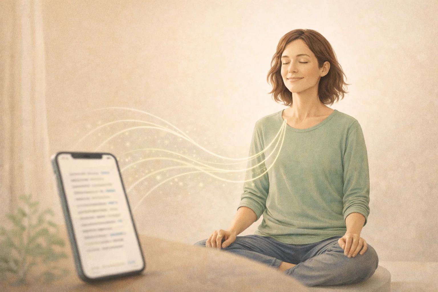 Person meditating peacefully with smartphone capturing voice notes hands-free via speech-to-text