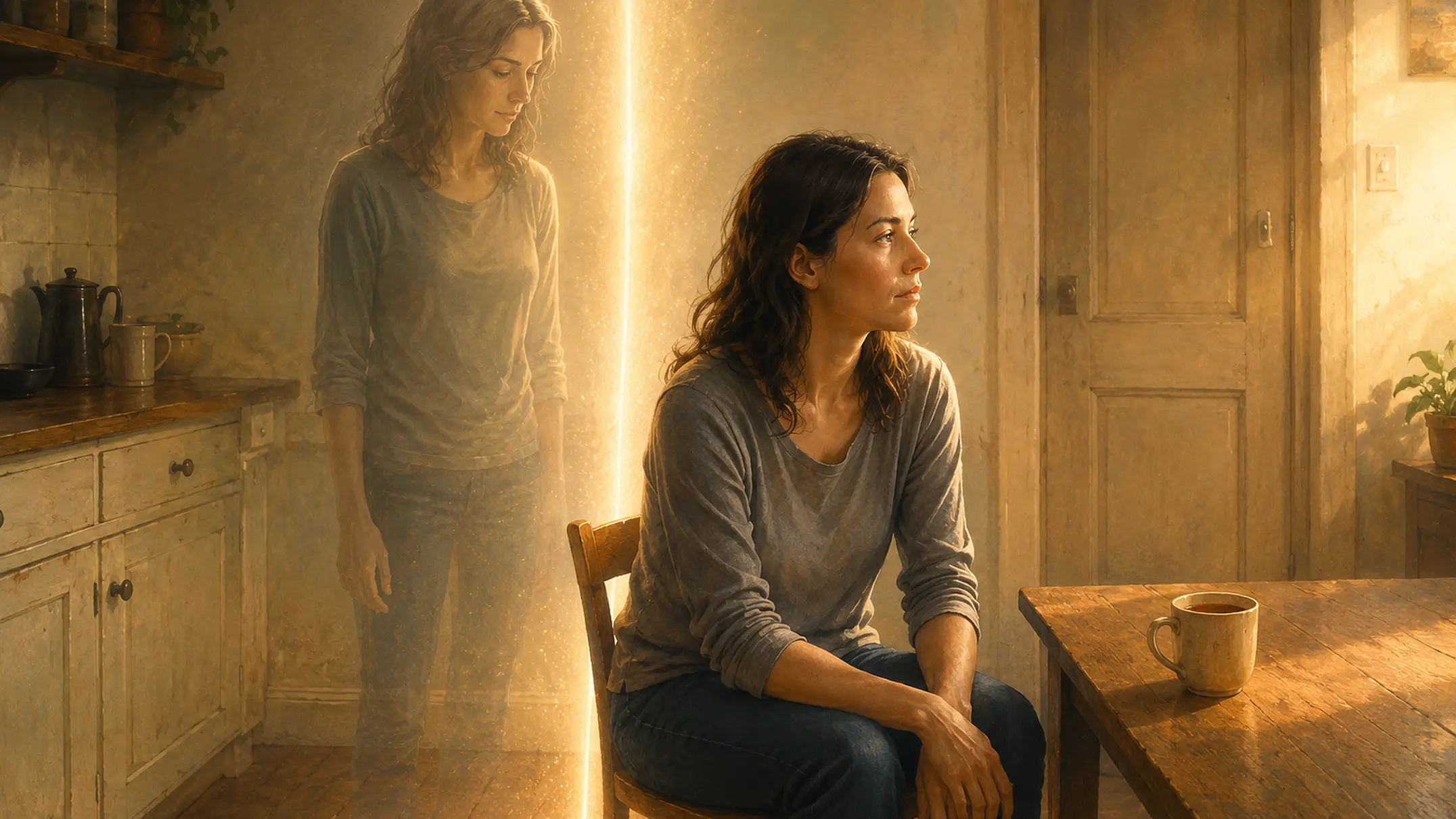 A painterly kitchen scene in which a woman sits on a wooden chair with her forearms on her thighs and her face calm and unreadable, while a translucent version of herself stands a half step behind and to her left, looking down at her, with a narrow column of light rising through the empty space between them and an untouched mug of tea on the table.