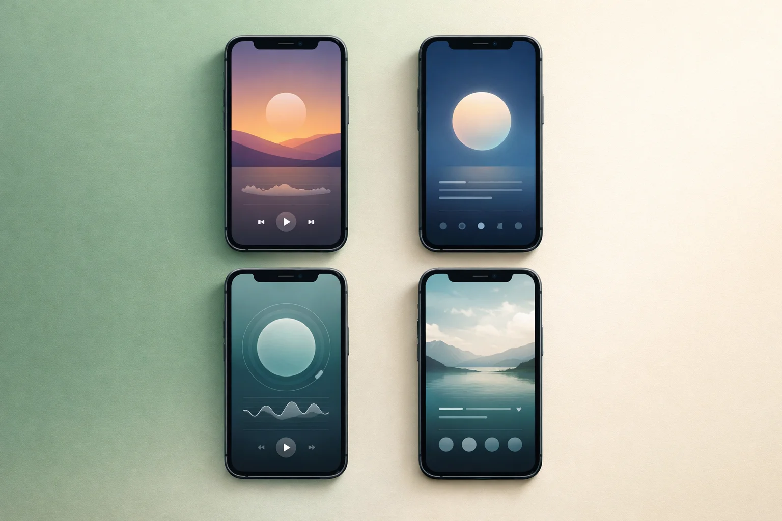 Four smartphone screens comparing Meta AI, Calm, Headspace and StillMind meditation apps