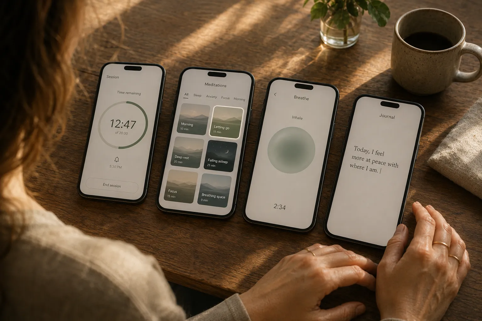 Four phones laid out on a wooden table in morning light, each showing a different kind of meditation app screen: a plain countdown timer, a grid of pre-recorded sessions, a breathing animation mid-session, and a journal entry being written, with a woman's hands resting beside them