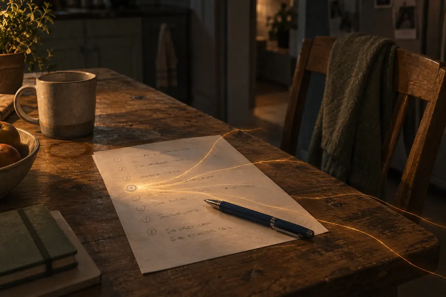 A therapy-style worksheet on a kitchen table with one numbered item just circled in pen, the pen lying across the page and a cold mug beside it, the circle giving off a faint glow that forks into several unlabelled routes running off the edge of the paper.