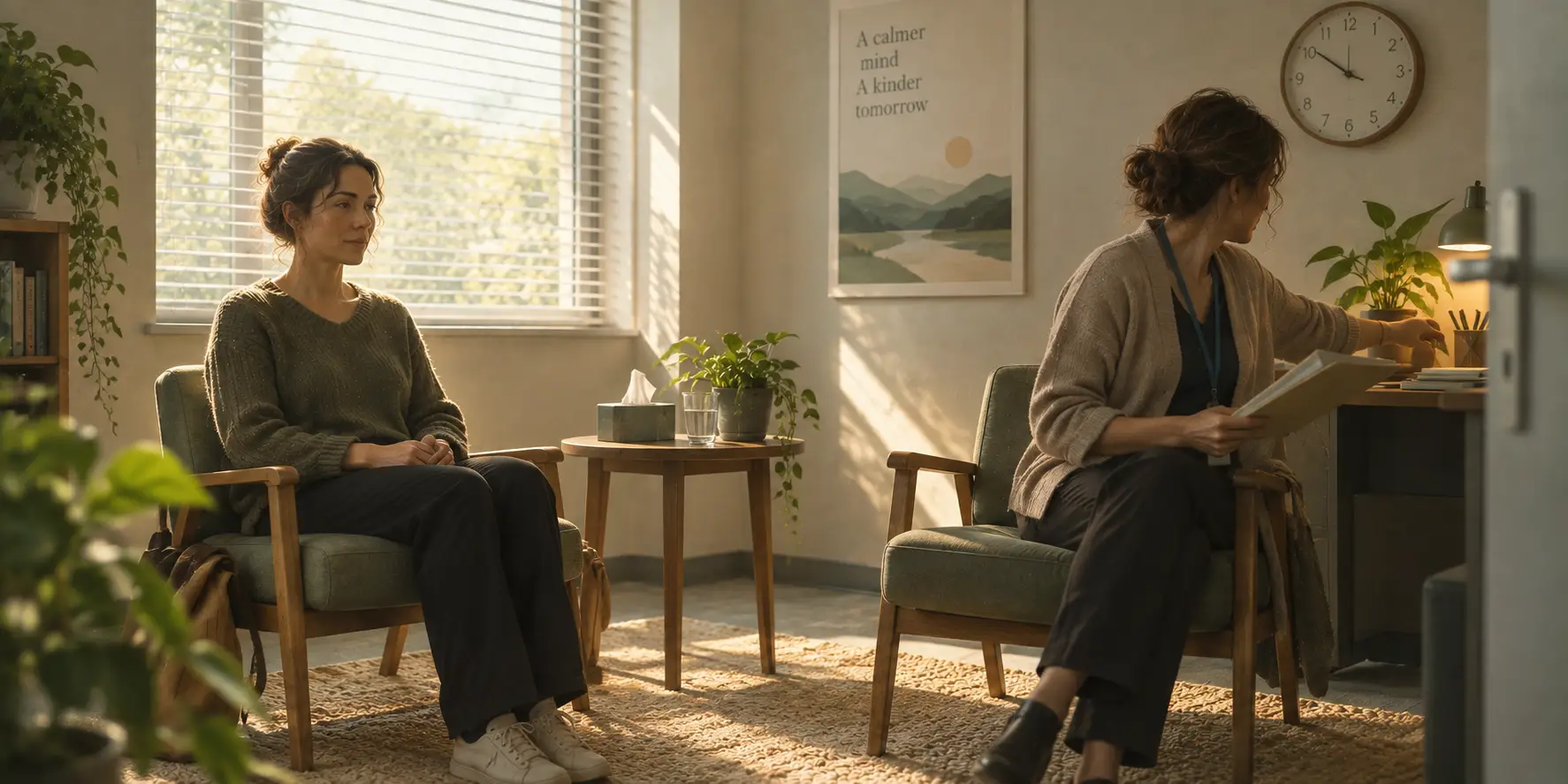 A person in a counselling office just after a guided meditation, asked how they feel as the appointment ends