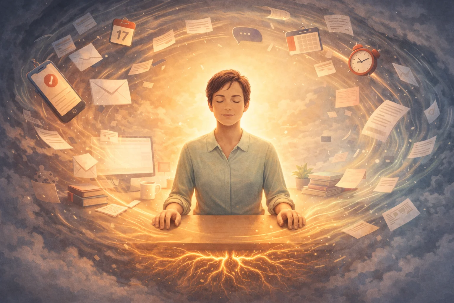 Person sitting calmly at office desk in a pocket of golden light while emails, notifications and work chaos swirl around them