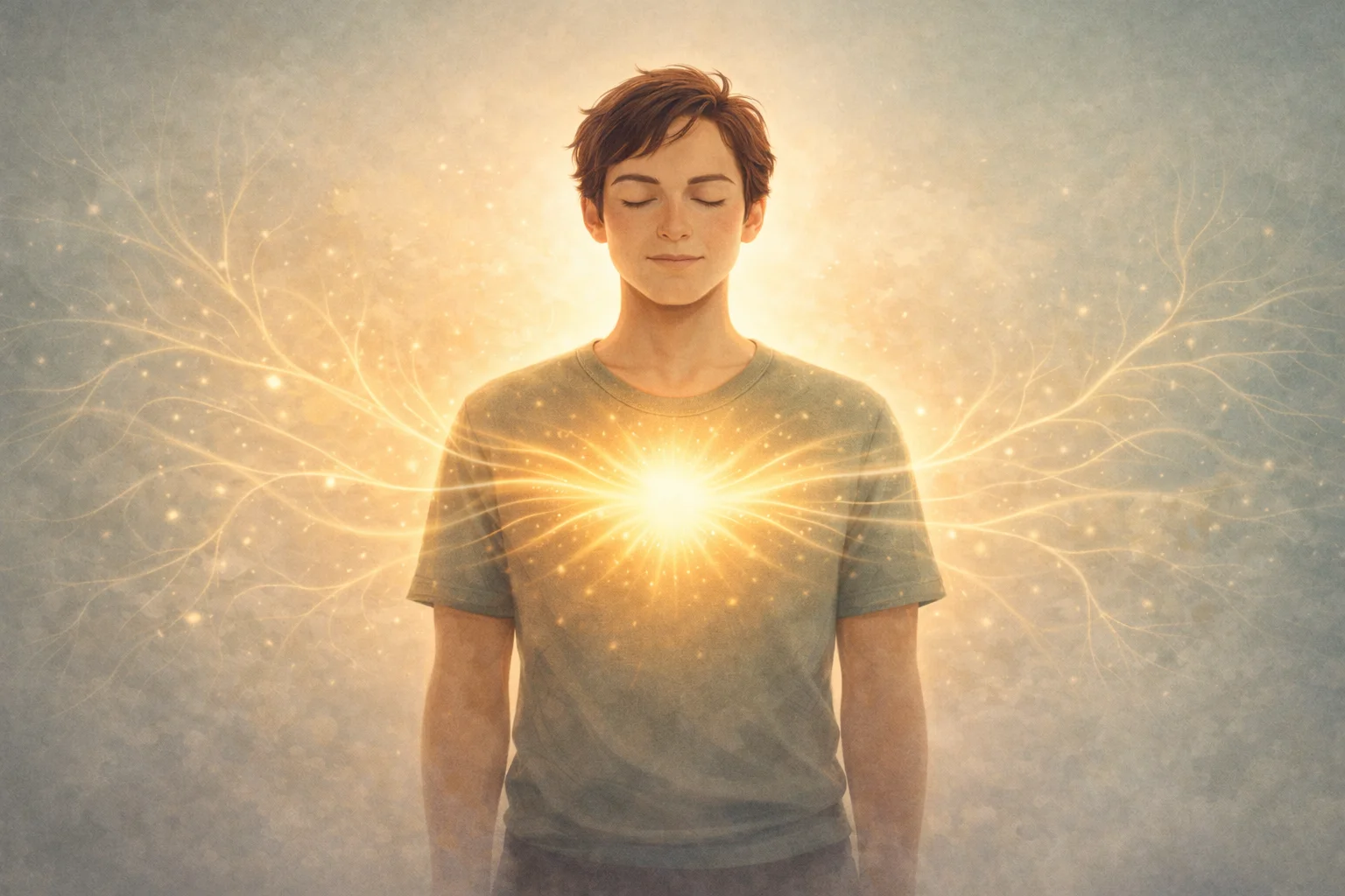 Person in peaceful grounded posture with soft golden light radiating from their center, representing a balanced regulated nervous system
