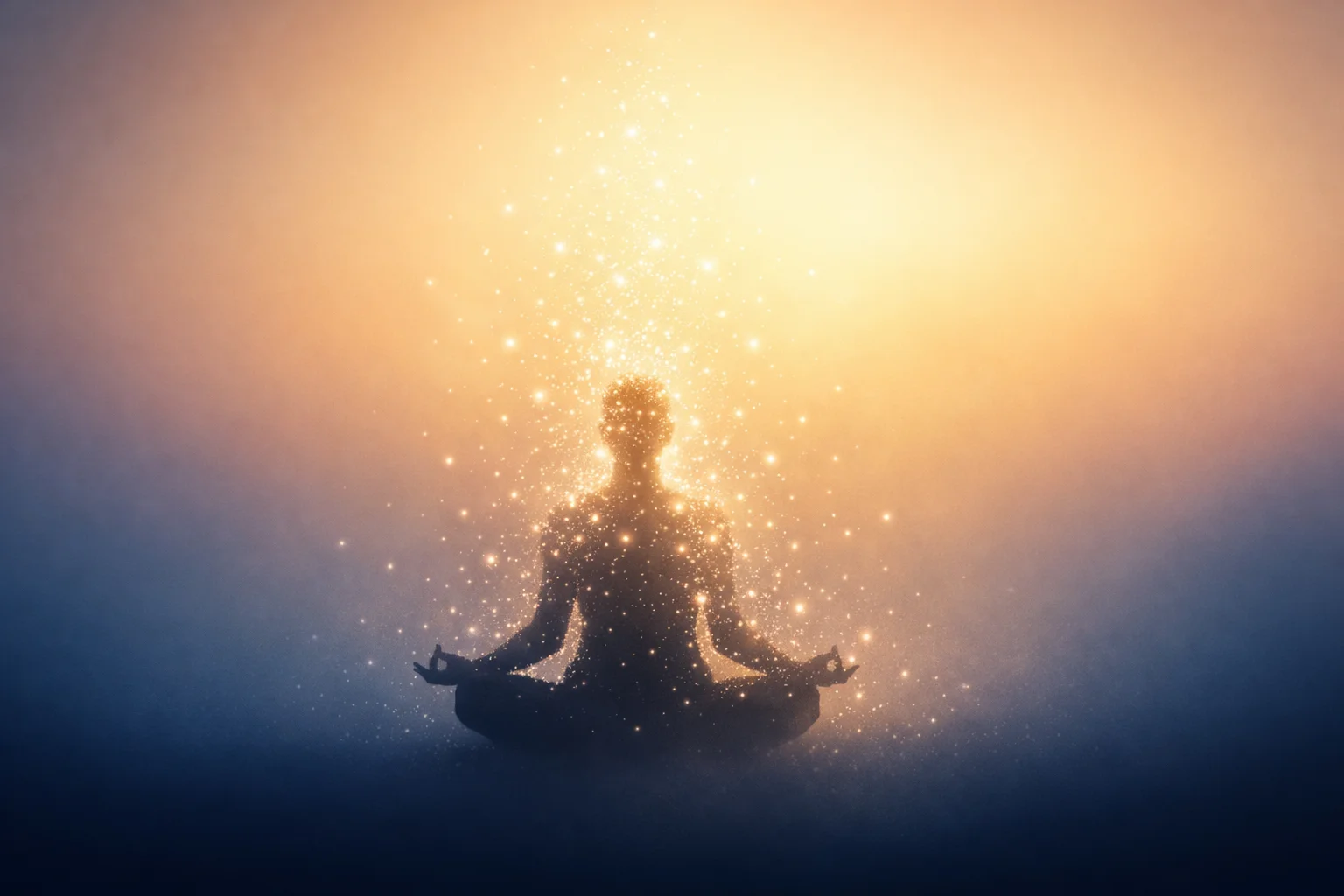 Silhouette of person meditating surrounded by glowing light particles, representing transformation and new beginnings