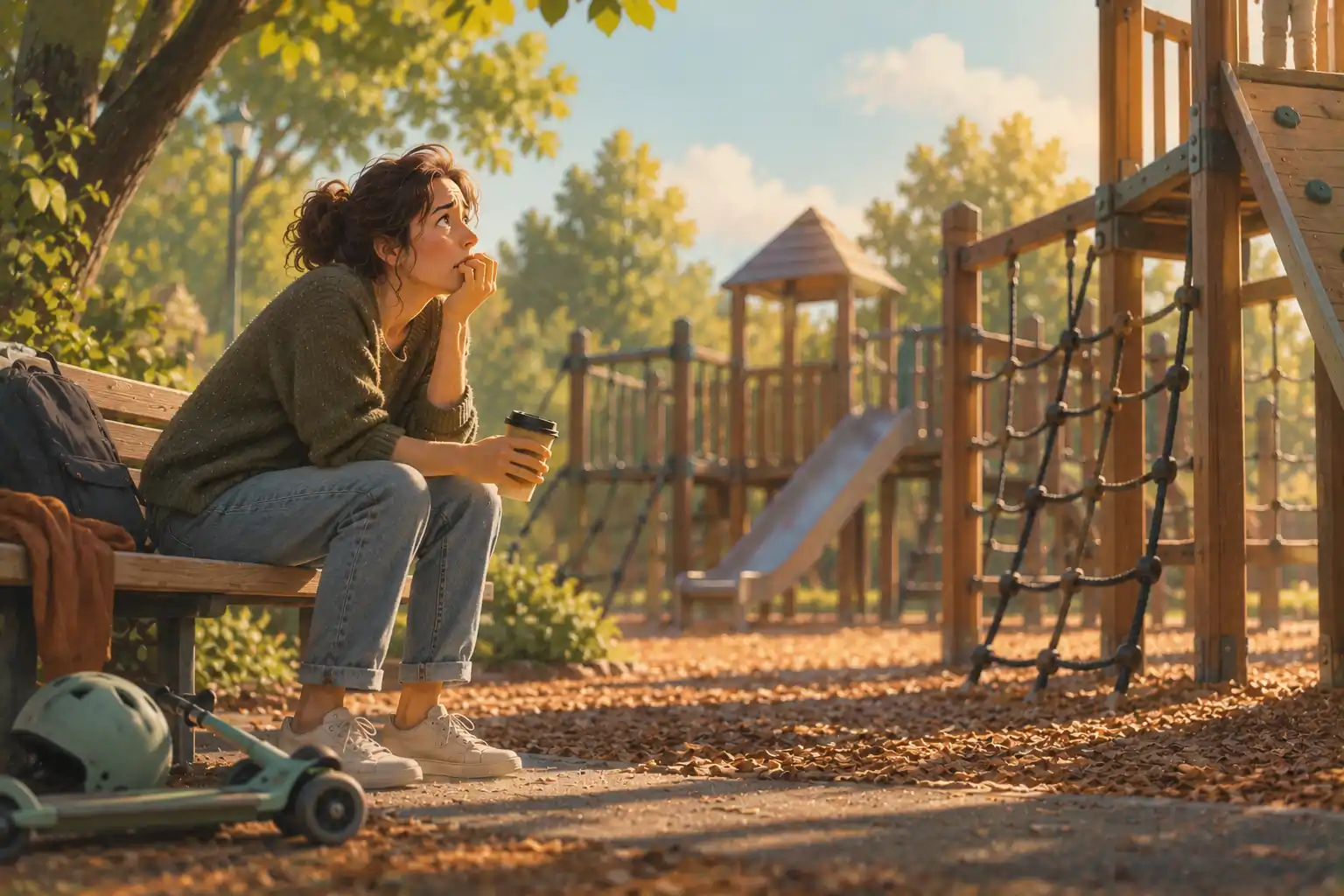 A parent perched on a playground bench biting her nails, coffee forgotten in her hand, eyes locked on the top of a climbing frame she can't reach from here