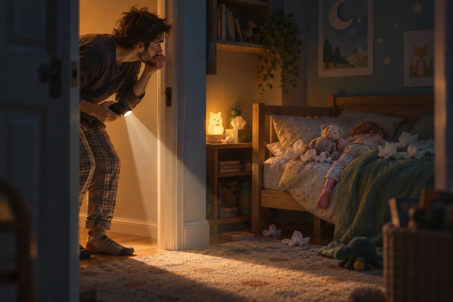 A dad in pyjamas and odd socks peering round a bedroom door at night, biting a knuckle, torch pointed at the floor, while a child with a cold sleeps sprawled across the bed