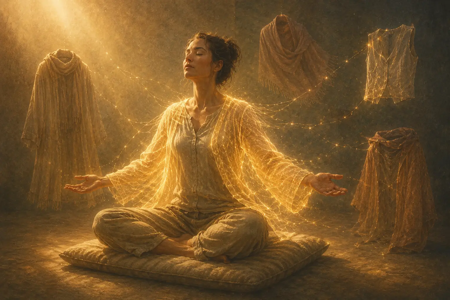 Woman meditating cross-legged on a worn cushion with arms held softly wide and palms upward, eyes closed in quiet recognition, while a garment of golden light weaves itself across her body mid-fit, and three other translucent garments hover around her at varied distances, waiting to be fitted