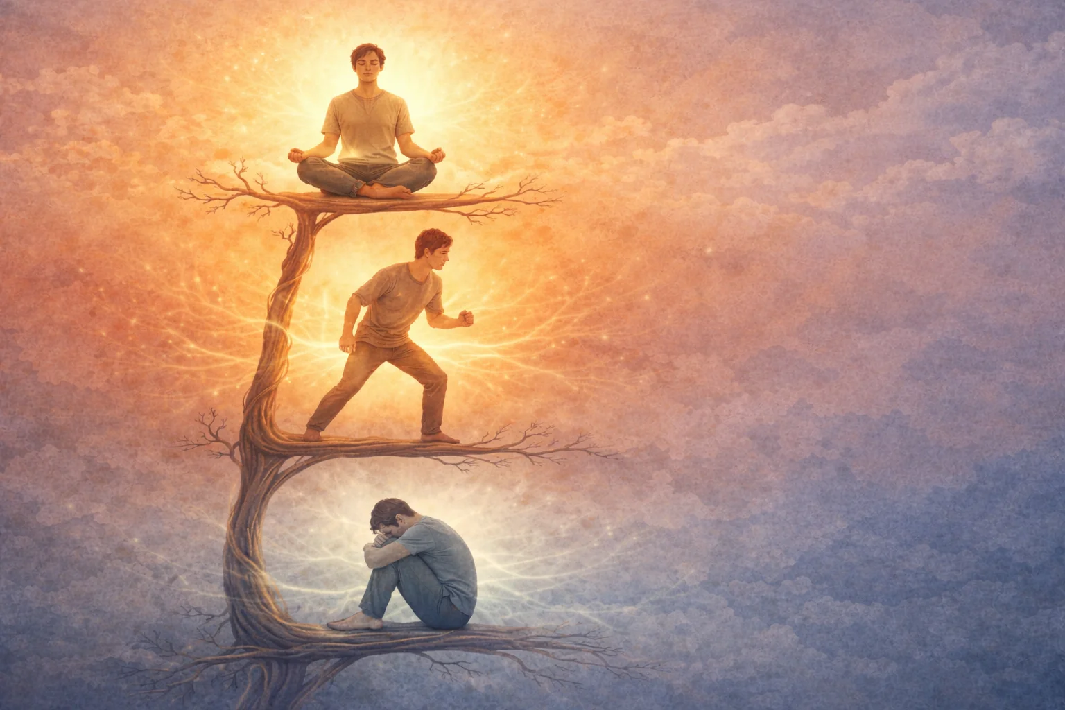 Polyvagal ladder illustration showing three nervous system states: ventral vagal safety at top with warm golden light, sympathetic activation in middle with amber tones, and dorsal vagal freeze at bottom with cool blue-grey