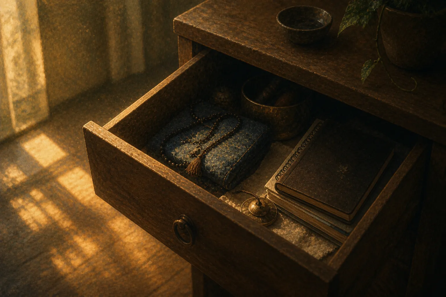 An open wooden drawer in warm late-afternoon light revealing a folded meditation cushion, mala beads, a small brass bell, a singing bowl, and a journal that had been stored away