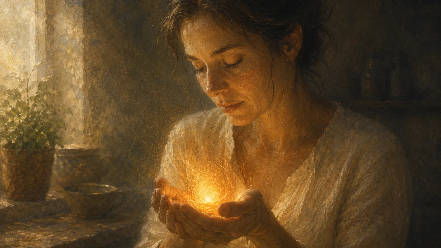 A woman in soft window light, eyes gently closed, holding a small luminous amber form cupped in her hands, the warm glow throwing light up onto her face