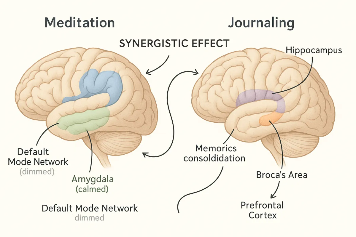 Brain neuroscience visualization showing meditation journaling effects on neural pathways and memory consolidation