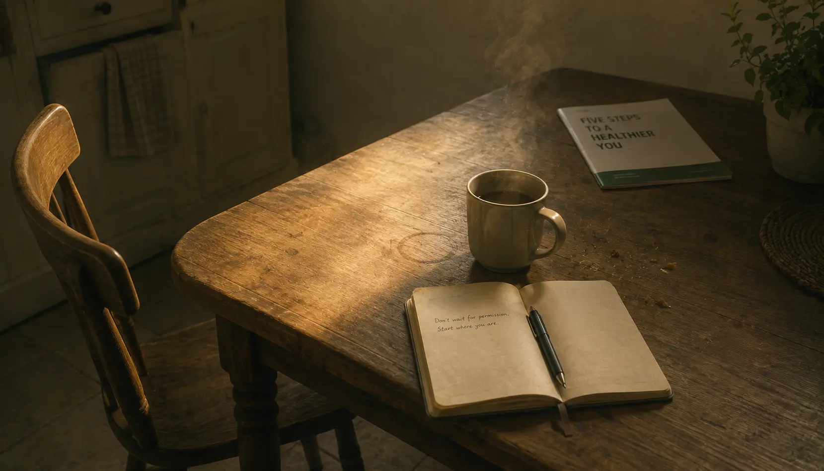 A kitchen table someone has just left: a steaming mug beside an open journal with two handwritten lines and a pen, while a pristine health advice leaflet sits pushed to the far edge of the table