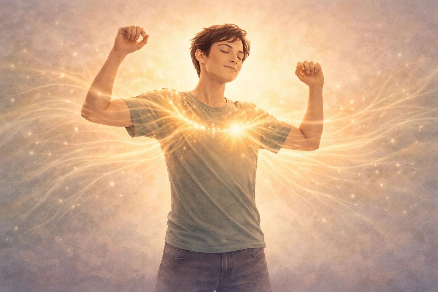 Serene figure releasing tension through somatic movement, with held energy dissolving into flowing waves of warm golden light