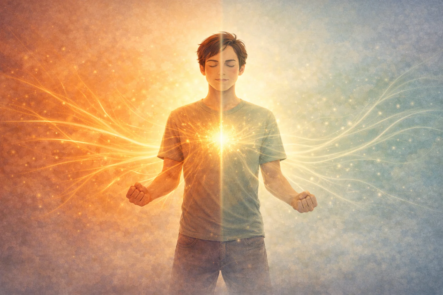 Split illustration showing sympathetic activation with warm amber energy on one side and parasympathetic calm with soft sage tones on the other, blending harmoniously in the center