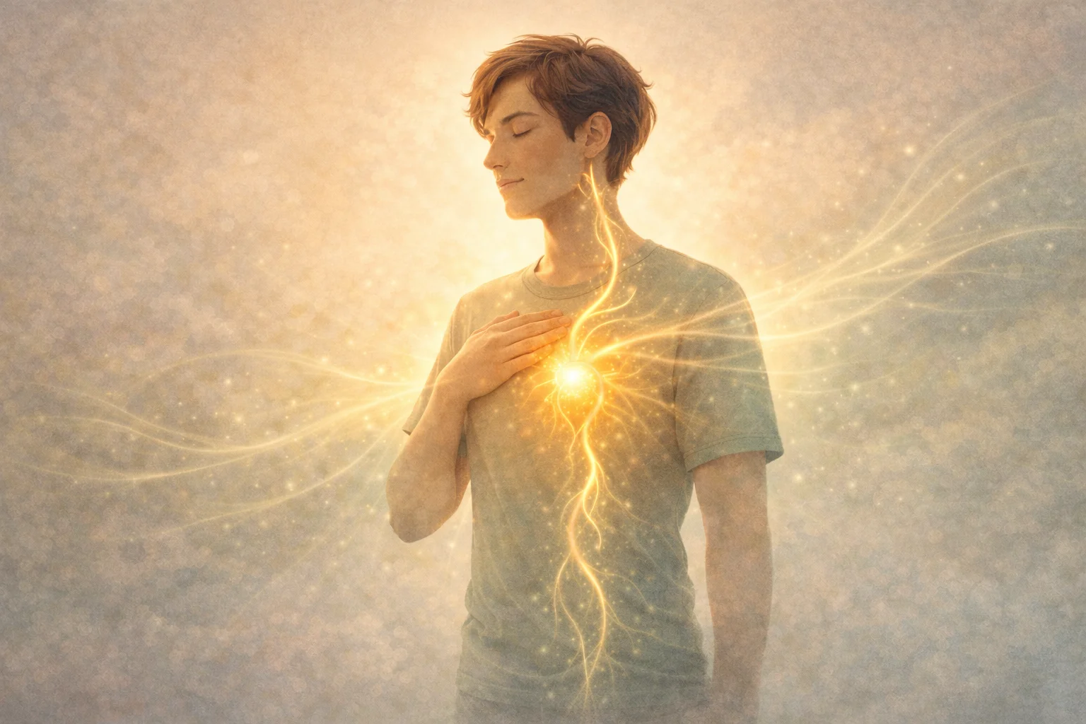 Ethereal illustration of vagus nerve pathway glowing with warm golden-green light from brain through heart to gut, representing natural activation of the calm response