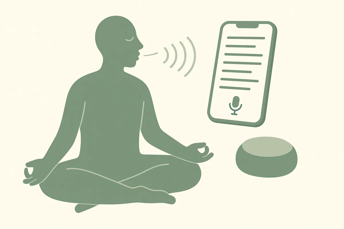 Person speaking meditation insights into phone using voice journaling app after practice session